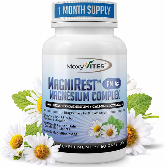 MoxyVites MagniRest PM Magnesium Complex for Women & Men - Magnesium Bisglycinate, Taurate, Active B6, & Calming Organic Botanicals - Chelated High Absorption - Nighttime Magnesium, 60 Vegan Capsules