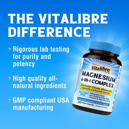Vitalibre 6 in 1 Magnesium Complex for Women Men, 260mg Elemental Magnesium | Max Absorption | Chelated Magnesium Supplement for Bone, Relaxation & Nerves Support | Non-GMO, 120 Vegan Capsules