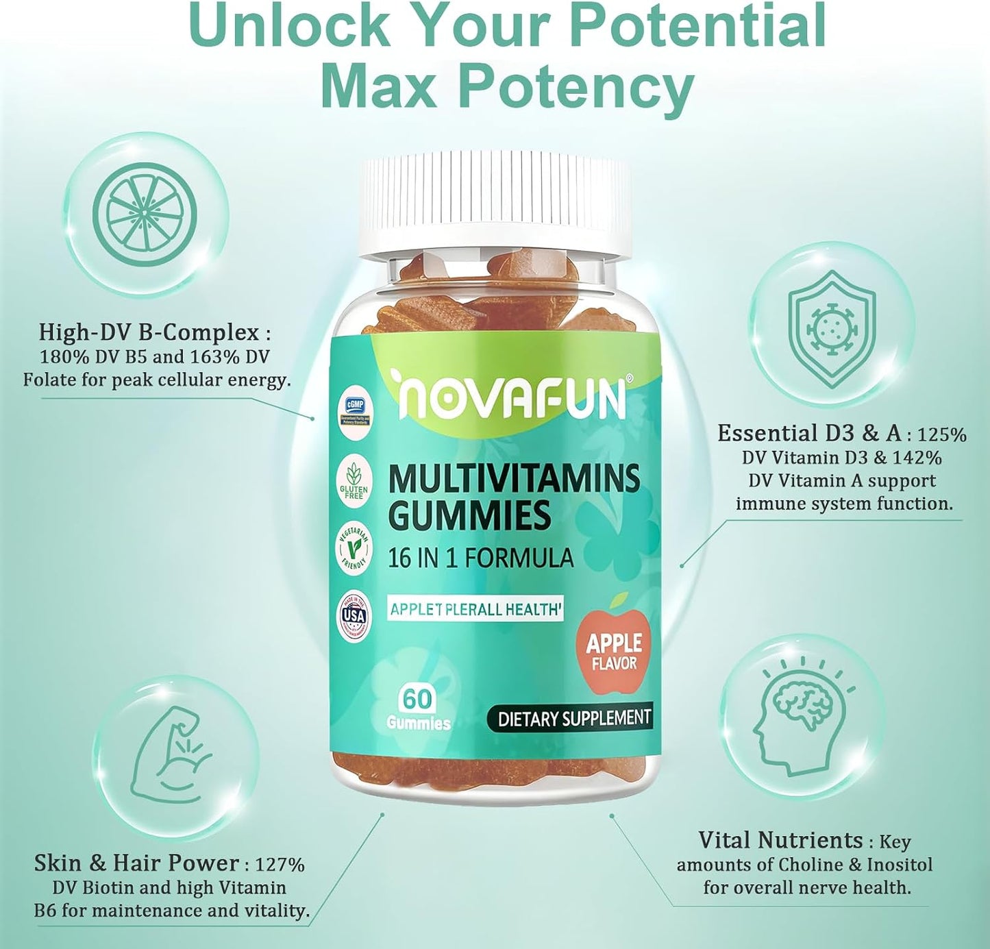 Multivitamin Gummies,16-in-1 Multi Vitamin Supplements for Women, Men & Kids, Essential Vitamins & Minerals for Overall Health, Vegan, Sugar-Free, 60 Count