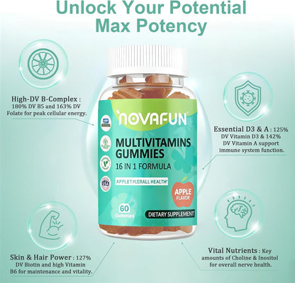 Multivitamin Gummies,16-in-1 Multi Vitamin Supplements for Women, Men & Kids, Essential Vitamins & Minerals for Overall Health, Vegan, Sugar-Free, 60 Count
