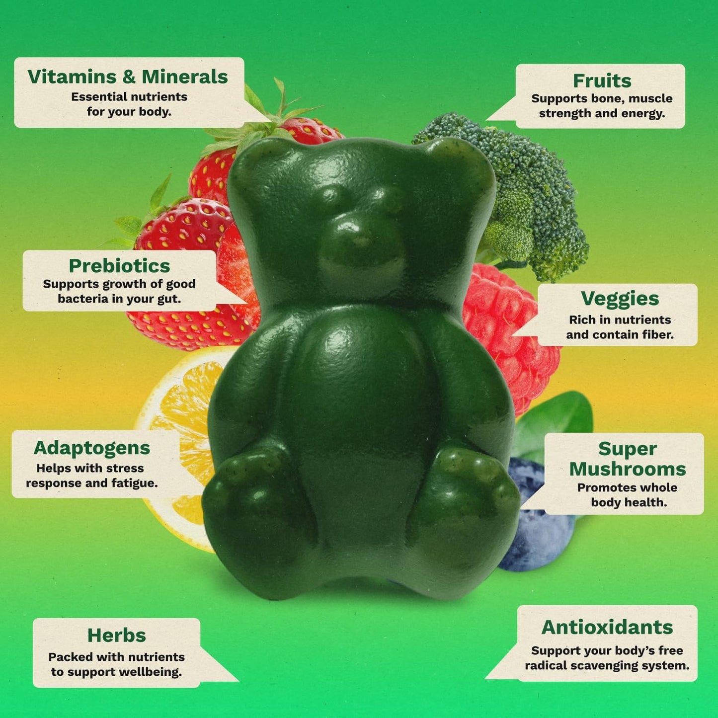 Adult Greens Gummies & Daily Multivitamin, Prebiotic Fiber, 28 ct | Adaptogens, Superfoods, 20+ Vitamins & Minerals, Digestion, Daily Support