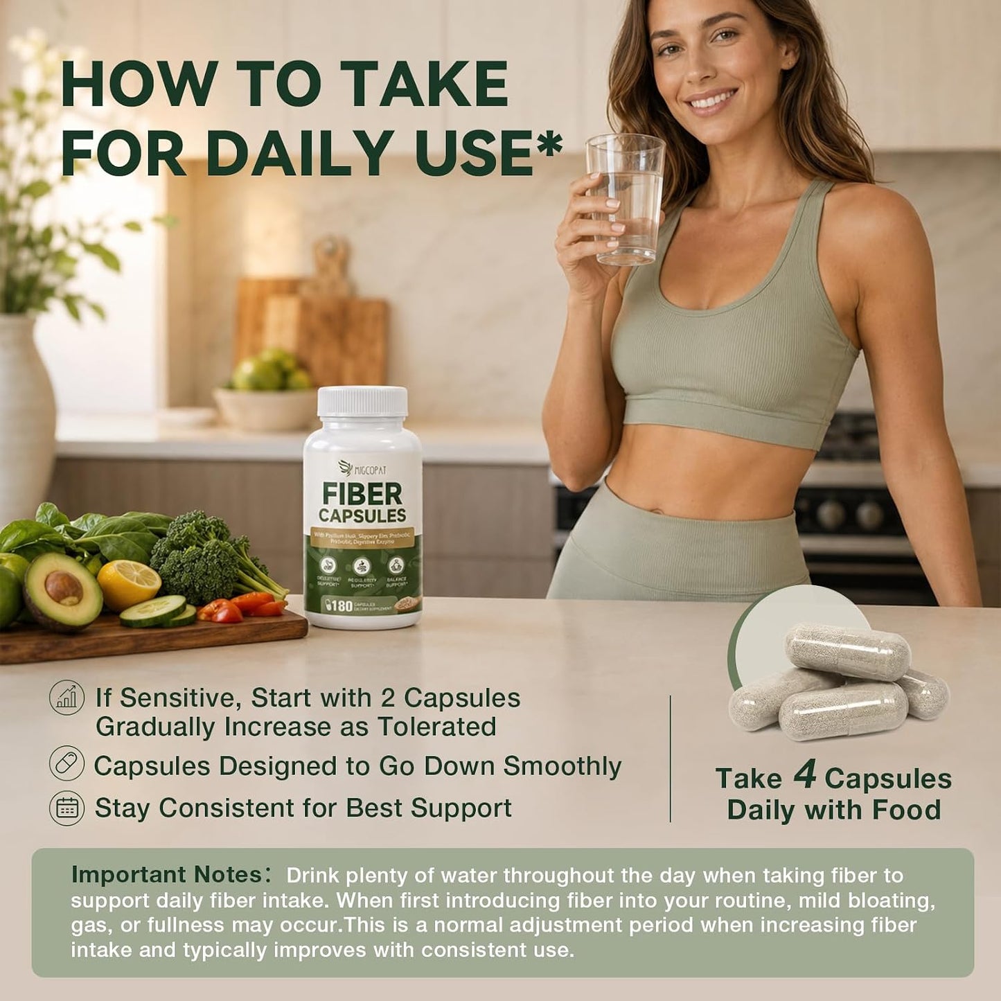 Migcopat Psyllium Husk Fiber Capsules, Fiber Supplement with Prebiotic Probiotic & Digestive Enzymes, Slippery Elm & Aloe Vera, Supports Gut Health & Regularity for Women & Men - 180 Capsules