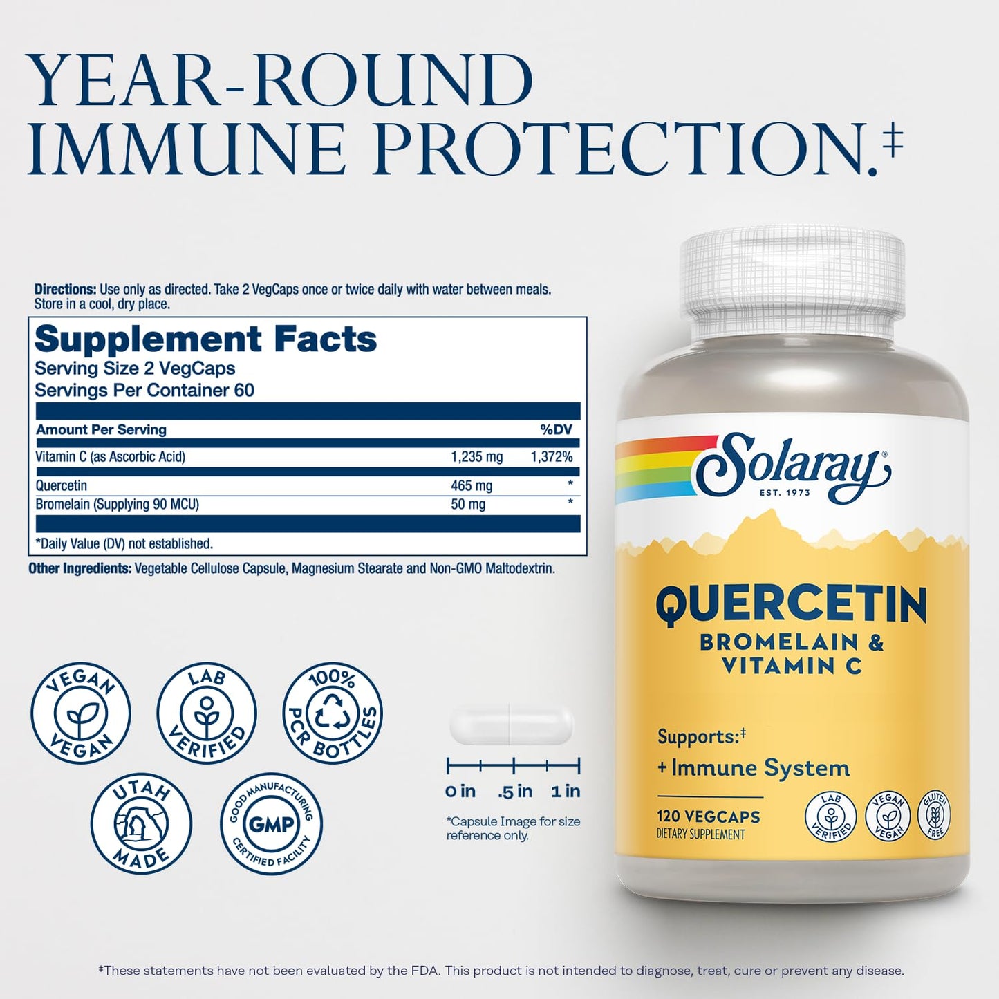SOLARAY Quercetin Bromelain & Vitamin C, Immune System, Sinus, Respiratory & Antioxidant Activity Support, Vegan, 500mg of Quercetin & 1,235mg of VIT C, 60 Day Guarantee, 75 Servings, 150 VegCaps