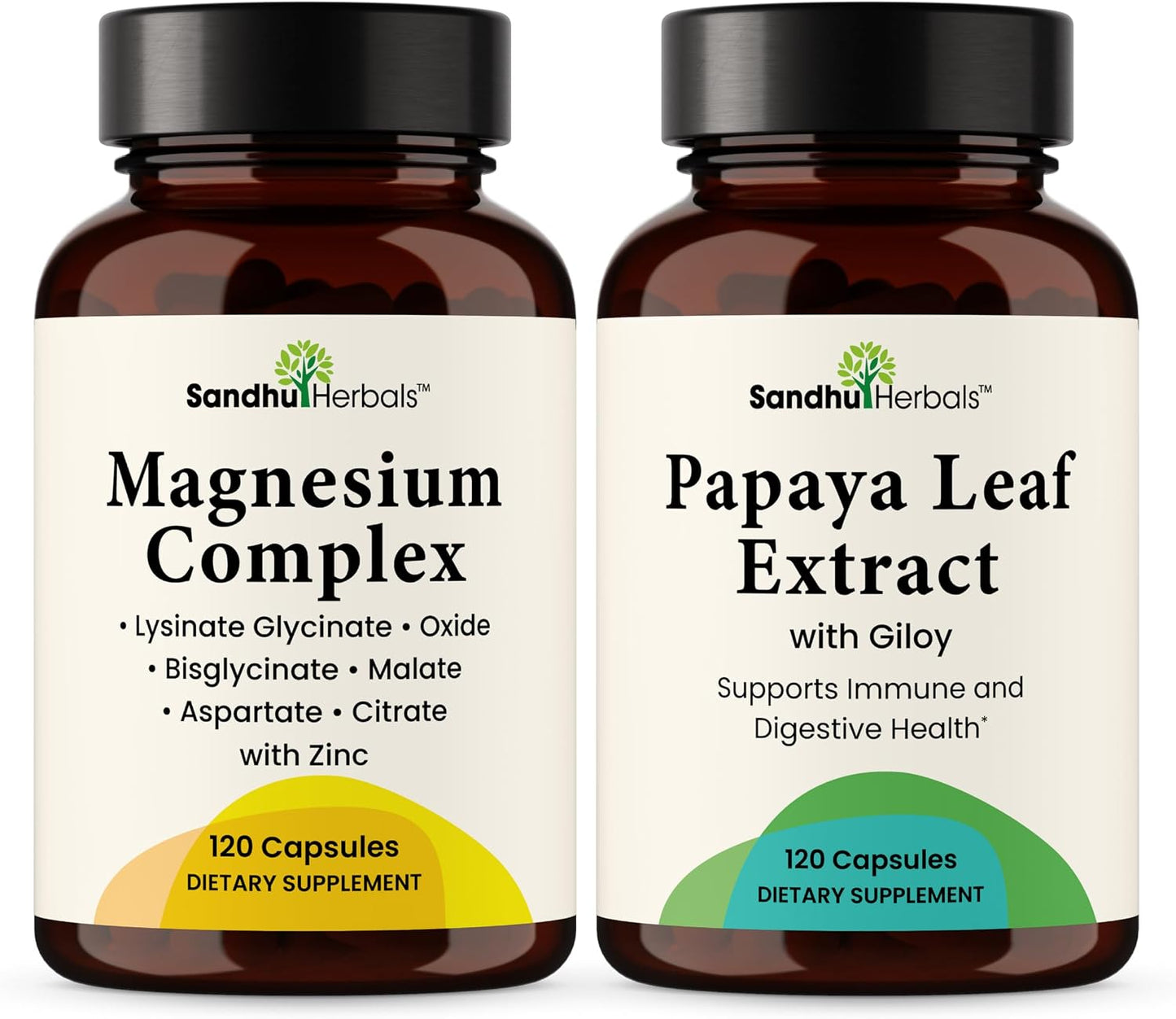SANDHUHERBALS Magnesium Complex 6-in-1 Bundle with Papaya Leaf Extract Capsules (120 Count Each) | for Men & Women