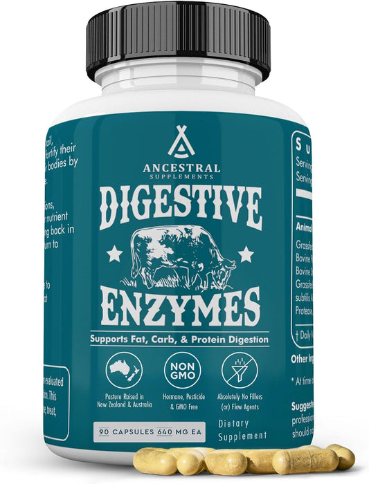 Ancestral Supplements Digestive Enzymes for Women & Men, 90 Ct | Probiotics plus grass fed beef organ supplements support gut health, digestion and nutrient absorption.