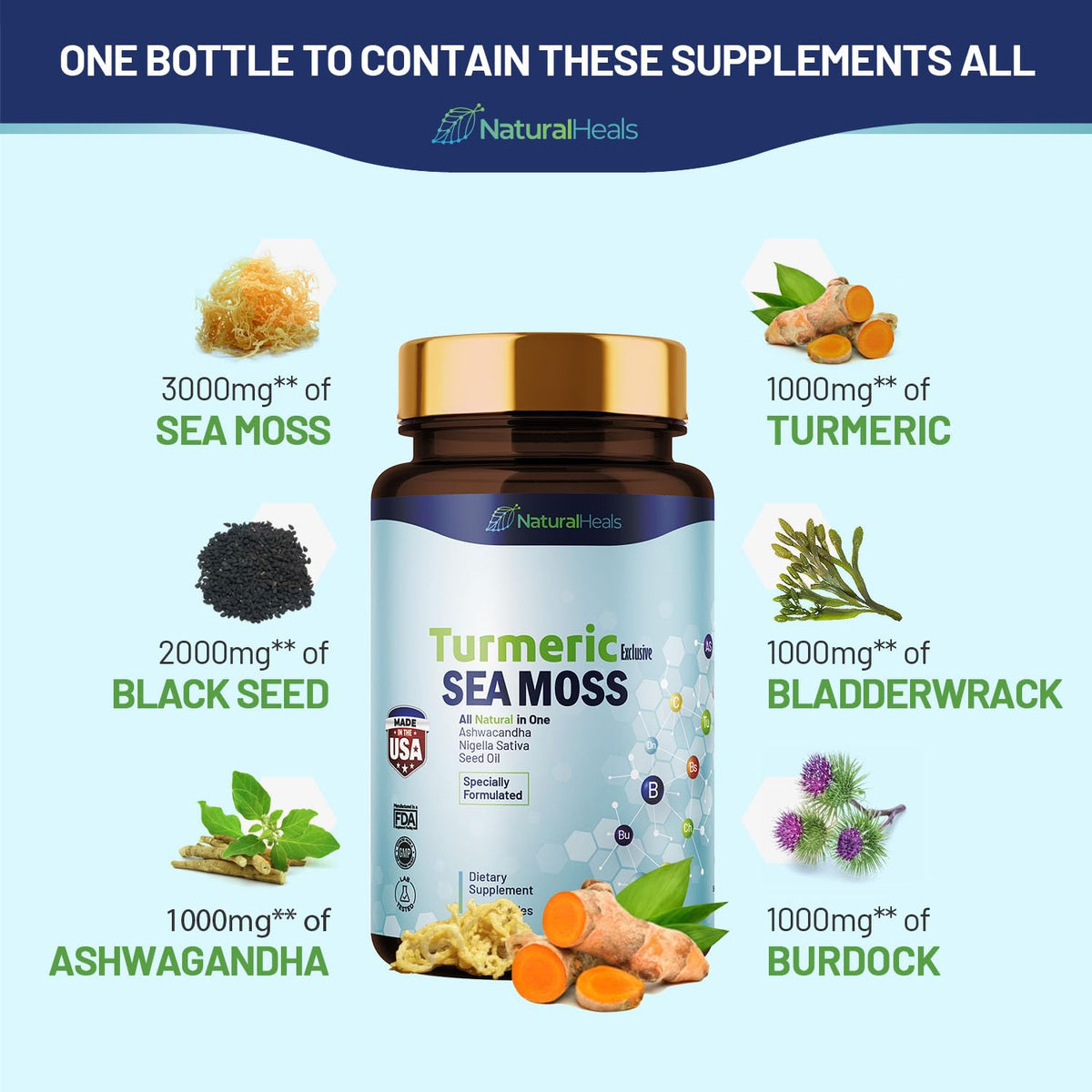 Natural Heals Sea Moss 3000mg: Black Seed Oil 2000mg Ashwagandha 1000mg Turmeric
