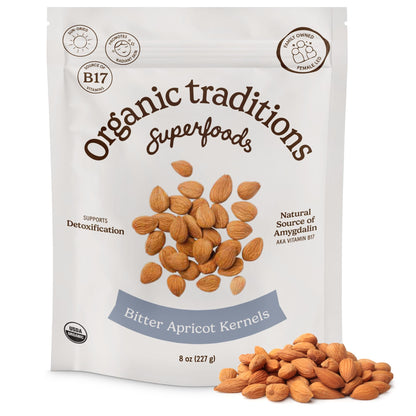 Organic Traditions Apricot Kernels, Organic Apricot Seeds, Sundried Sweet and Bitter Taste, Vegan, Source of Vitamin B17, Non GMO, Whole Foods Delivery, Plant Based for Snacking and Blending, 8 oz