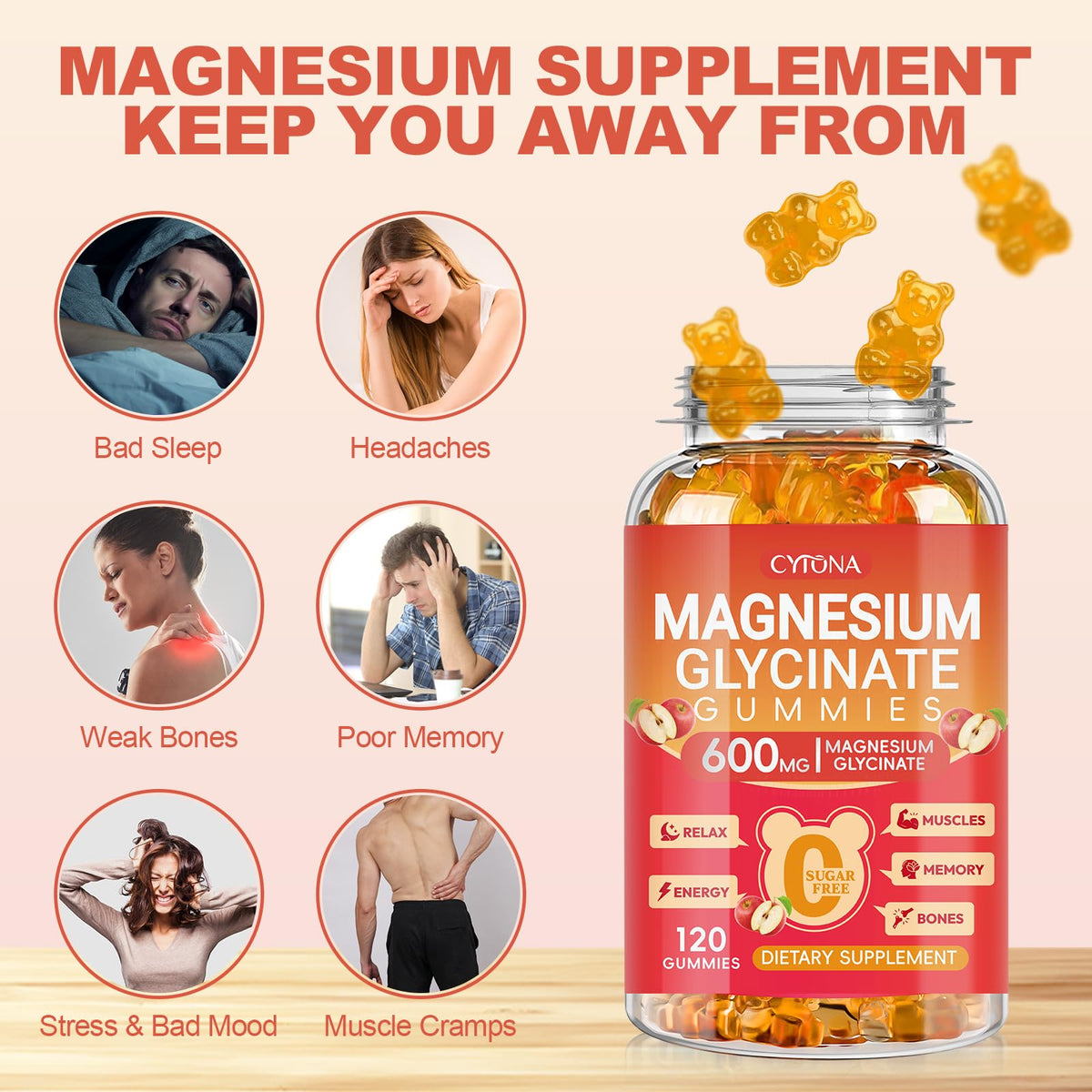Magnesium Glycinate Gummies 600mg, Sugar Free Magnesium Gummies for Adults