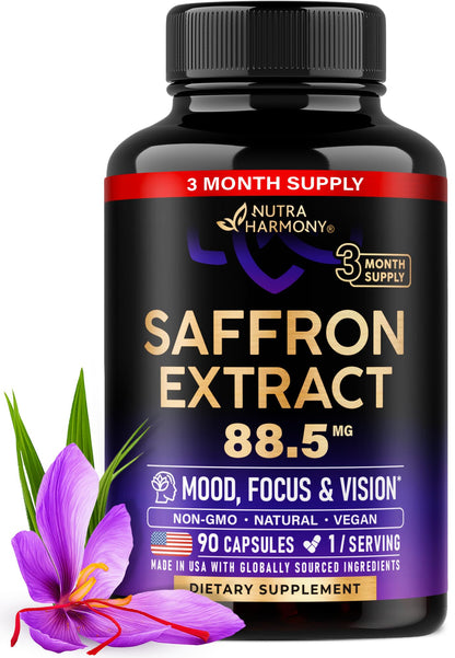 Natural Saffron Supplements - Pure Saffron Extract 88.5 mg - Mood | Focus | Vision | Energy Support - Eye Health for Women & Men - Lab Tested - NonGMO Vegan Pills - 90 Powder Capsules, 3 Month Supply