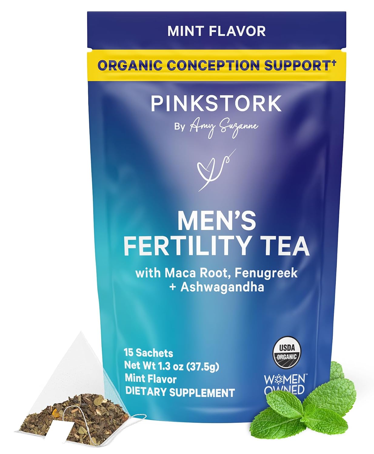 BlueStork Organic Fertility Tea for Men, Mint, 15 Sachets | Organic Fertility Supplements for Men - Green Tea, Maca Root, and Ginkgo Biloba - Male Reproductive Health