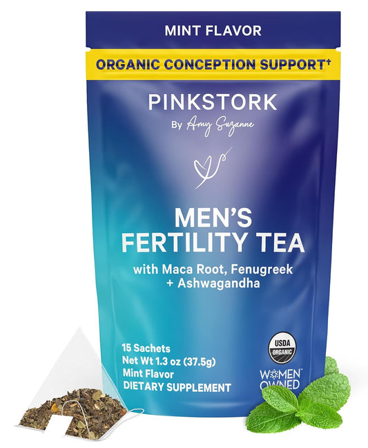 BlueStork Organic Fertility Tea for Men, Mint, 15 Sachets | Organic Fertility Supplements for Men - Green Tea, Maca Root, and Ginkgo Biloba - Male Reproductive Health