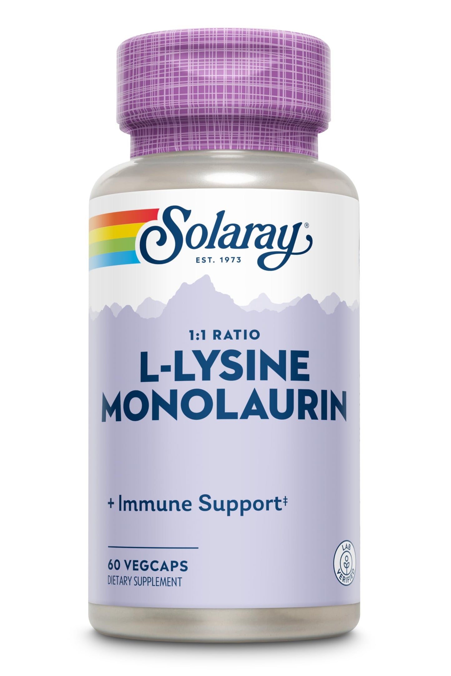 SOLARAY L-Lysine Monolaurin Immune Support Supplement, 1:1 Ratio for Immune System Function, 500 mg Each, 30 Servings, 60 VegCaps