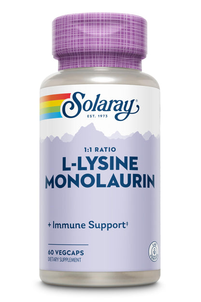 SOLARAY L-Lysine Monolaurin Immune Support Supplement, 1:1 Ratio for Immune System Function, 500 mg Each, 30 Servings, 60 VegCaps
