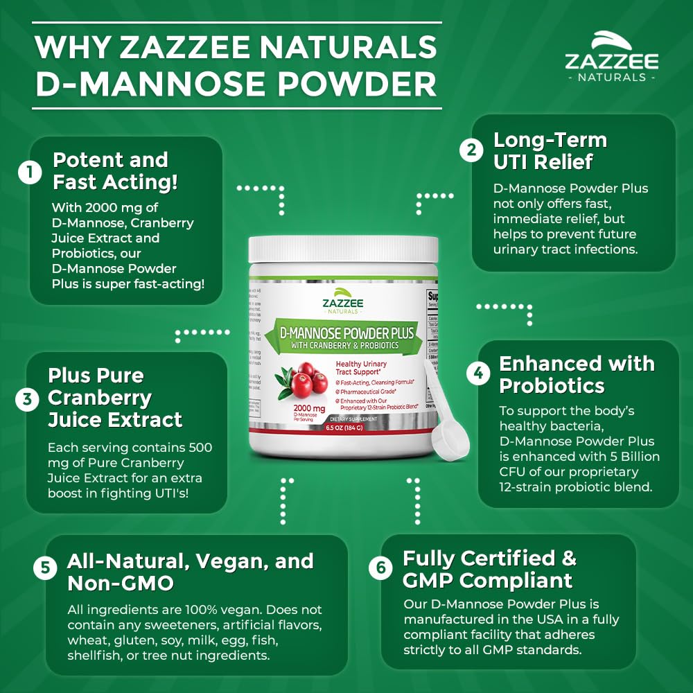 Zazzee D-Mannose Powder Plus, 2000 mg, 67 Servings, Potent & Fast-Acting