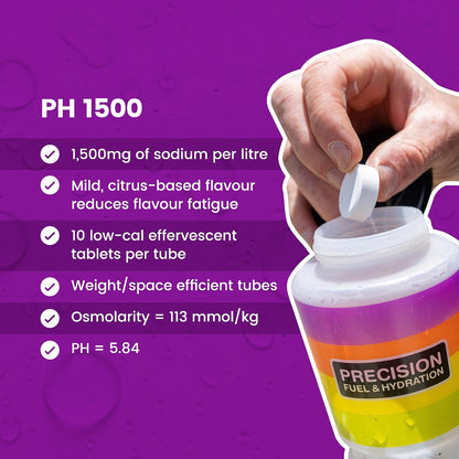Precision Hydration Electrolyte Tablets - Multi Strength Effervescent Hydration Tablets - Combats Cramp - Low Calorie, Gluten Free, Vegan/Vegetarian Friendly (1 Tube, 1500mg/L - Purple Tube)