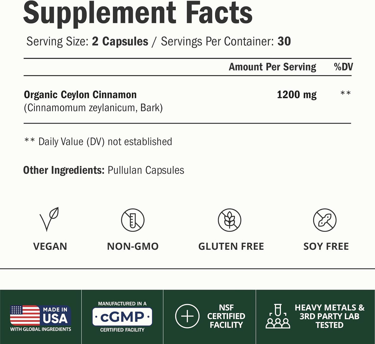 Organic Ceylon Cinnamon Capsules (Canela de Ceylan) – 60 Easy-Swallow Caps
