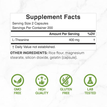 L-Theanine 400mg, 400 Capsules – Extra Strength Theanine Supplement – Amino Acids for Focus & Relaxation Support – Non-GMO & Gluten Free