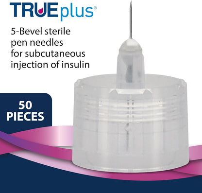 TRUEplus 5-Bevel Sterile Pen Needles, 32G x 4mm (5/32 Inch), 50 Count | For Use with Pen Injection Device, Single-Use Needles, Compatible Thread with Major Pen Devices, Silicone Coated
