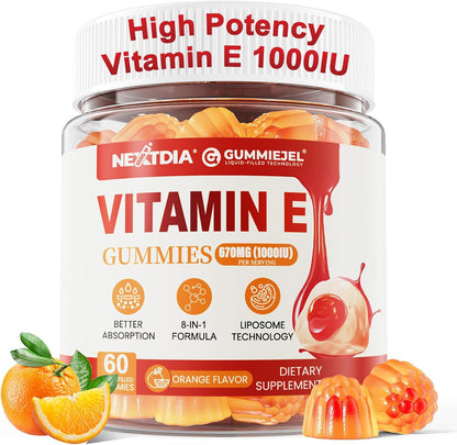 Liposomal Vitamin E Gummies 1000IU - Natural Forms of Vitamin E, with Mixed Tocopherols | 8-in-1 Antioxidant Formula with CoQ10, Omega-3, Vitamin C & Turmeric | for Skin, Eye, Immune & Brain, 1 PACK