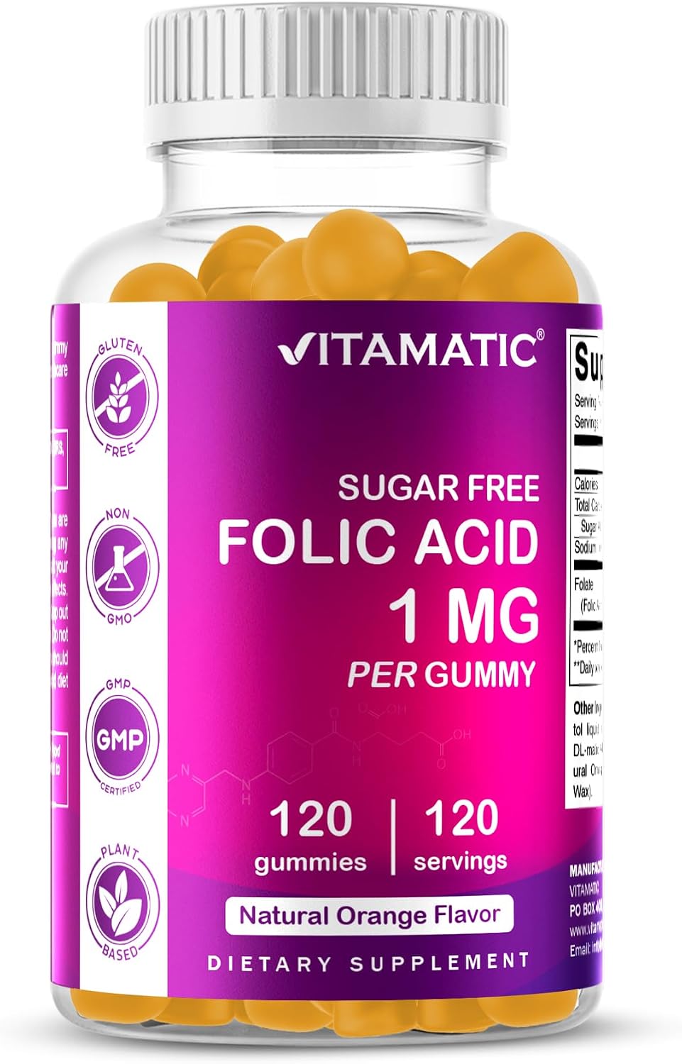 Vitamatic Sugar Free Folic Acid 1 mg Gummies 120 Count Orange Flavor | 1 mg Folic Acid, 1667 mcg DFE per gummy, Healthy cell growth, red blood cell formation, Gluten Free, Non GMO