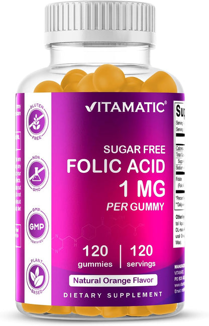 Vitamatic Sugar Free Folic Acid 1 mg Gummies 120 Count Orange Flavor | 1 mg Folic Acid, 1667 mcg DFE per gummy, Healthy cell growth, red blood cell formation, Gluten Free, Non GMO
