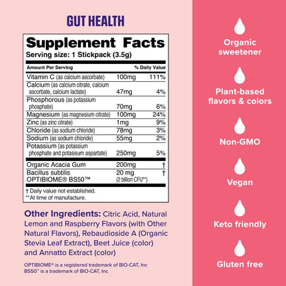 Ultima Replenisher Gut Health Supplement, Raspberry Lemonade, 14 Stickpacks | Daily Zero Sugar Electrolyte Powder Hydration Packets with 6 Key Electrolytes, Prebiotics & Probiotics for Gut Health Support