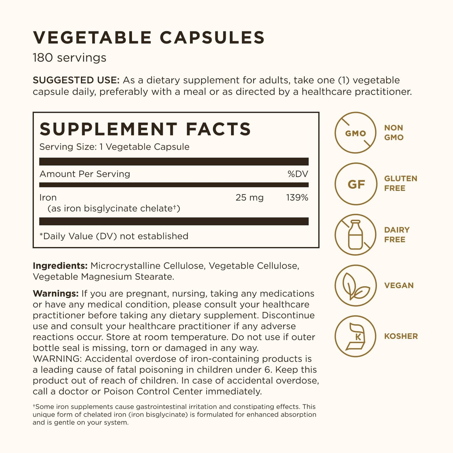 Solgar Gentle Iron, 180 Vegetable Capsules - Ideal for Sensitive Stomachs - Non-Constipating - Red Blood Cell Supplement - Non GMO, Vegan, Gluten-Free, Dairy Free, Kosher - 180 Servings