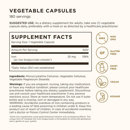 Solgar Gentle Iron, 180 Vegetable Capsules - Ideal for Sensitive Stomachs - Non-Constipating - Red Blood Cell Supplement - Non GMO, Vegan, Gluten-Free, Dairy Free, Kosher - 180 Servings