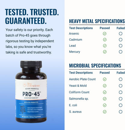 Live Conscious PRO45 Probiotics for Women & Men: Comprehensive Formula, 45 Billion CFU, 11 Strains, Dairy Free - w/Prebiotics and Probiotics - Promotes Immune & Gut Health - 30 Veggie Caps