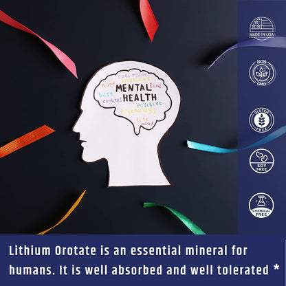 Lithium Orotate 10mg per Capsule - 60 Vegetarian Capsules. Memory and Emotional Wellness Support - Magnesium Stearate Free - 2 Months Supply of Lithium Supplement.