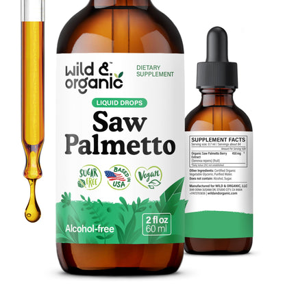Wild & Organic Saw Palmetto for Men & Women - Urinary Tract & Hair Support - Saw Palmetto Extract Liquid Drops - Add to Tea - Serenoa Repens Berries Supplement - Vegan, Sugar & Alcohol-Free - 4 fl oz