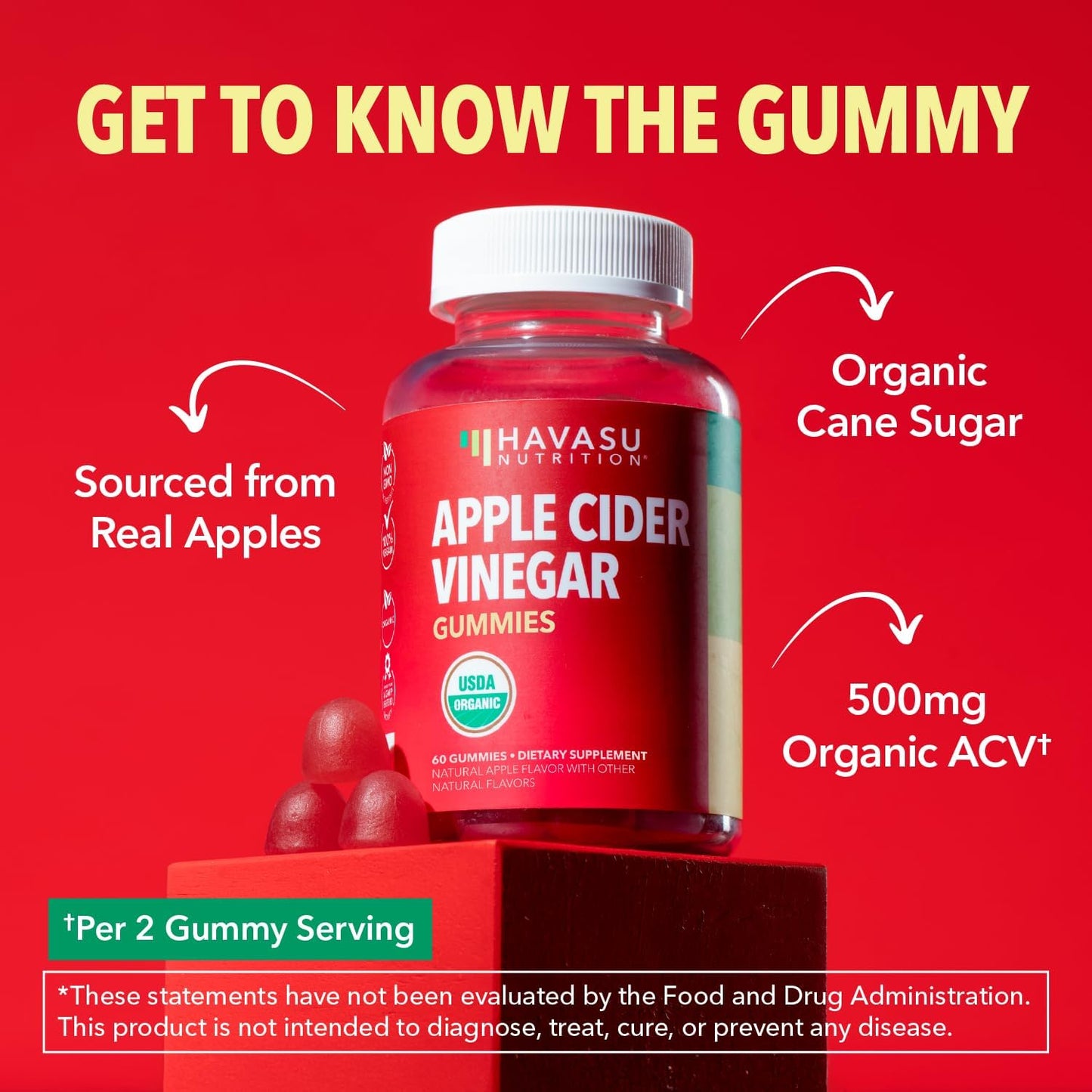 Apple Cider Vinegar Gummies, USDA Organic, Apple Flavor, 1-Month Supply | USDA Organic ACV Gummies for Digestive Health, Metabolism & Gut Support, Vegan, Gluten-Free, No Harsh Taste, 60ct