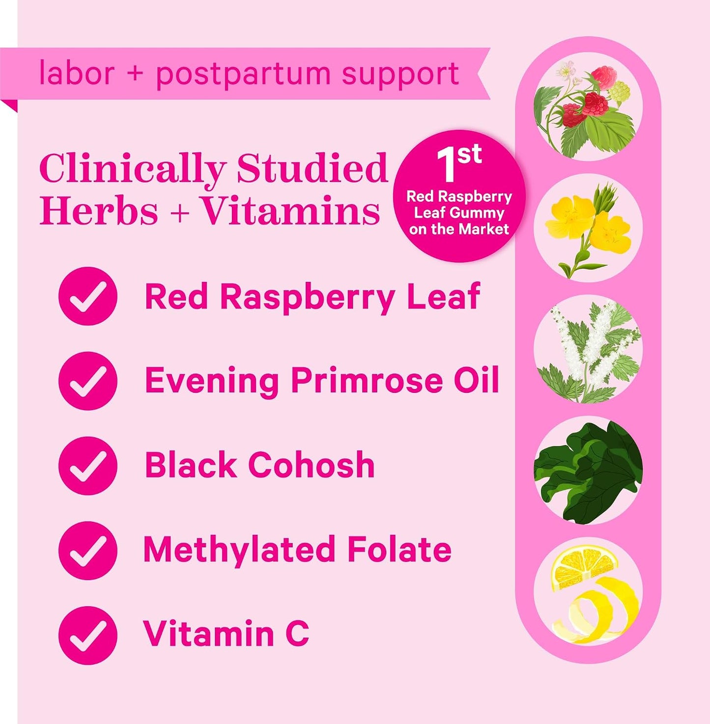 Pink Stork Red Raspberry Leaf Gummies for Labor Prep, 60 Count | Evening Primrose Oil + Black Cohosh, Pregnancy + Postpartum Mood Essentials, Vegan, Non-GMO