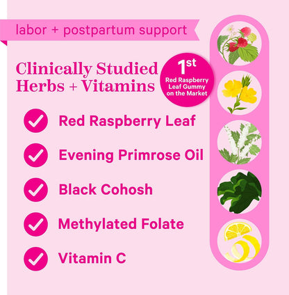 Pink Stork Red Raspberry Leaf Gummies for Labor Prep, 60 Count | Evening Primrose Oil + Black Cohosh, Pregnancy + Postpartum Mood Essentials, Vegan, Non-GMO
