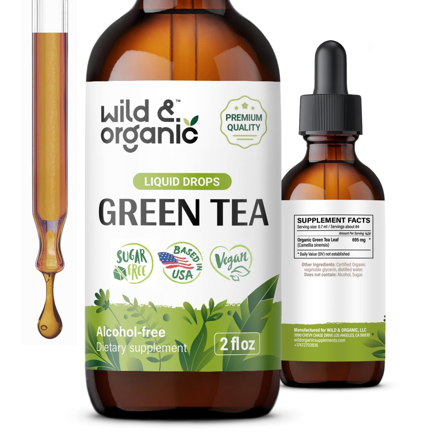 Wild & Organic Green Tea Extract Liquid Drops - Antioxidant Support - Pure Green Tea Supplement - 84-Day Supply - Vegan, Sugar & Alcohol-Free Camellia Sinensis Tincture - 4 fl oz