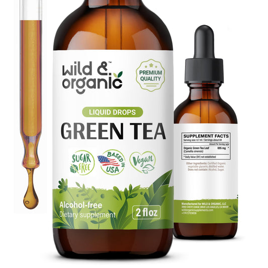 Wild & Organic Green Tea Extract Liquid Drops - Antioxidant Support - Pure Green Tea Supplement - 84-Day Supply - Vegan, Sugar & Alcohol-Free Camellia Sinensis Tincture - 4 fl oz