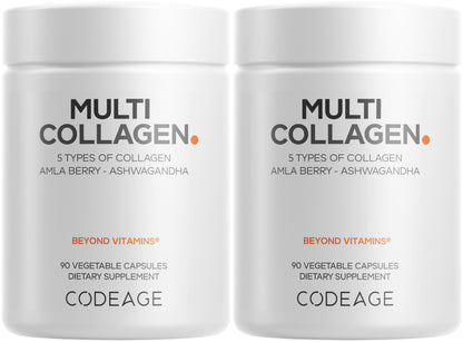 Codeage Multi Collagen Peptides Protein Capsules, 5 Collagen Types, Grass-Fed & Hydrolyzed Bovine Collagen Pills Supplement, Ashwagandha, Amla Berry Vitamins, Collagen Peptides - 90 Capsules