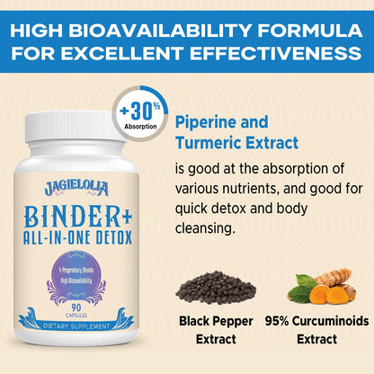 Jagielolia All-in-One Detox Binder Supplement 1500 MG - High Bioavailability, Liver Gut Detox Cleanse with Activated Charcoal, Zeolite & Bentonite Clay for Toxins, Liver, Digestive, 90 Vegan Capsules