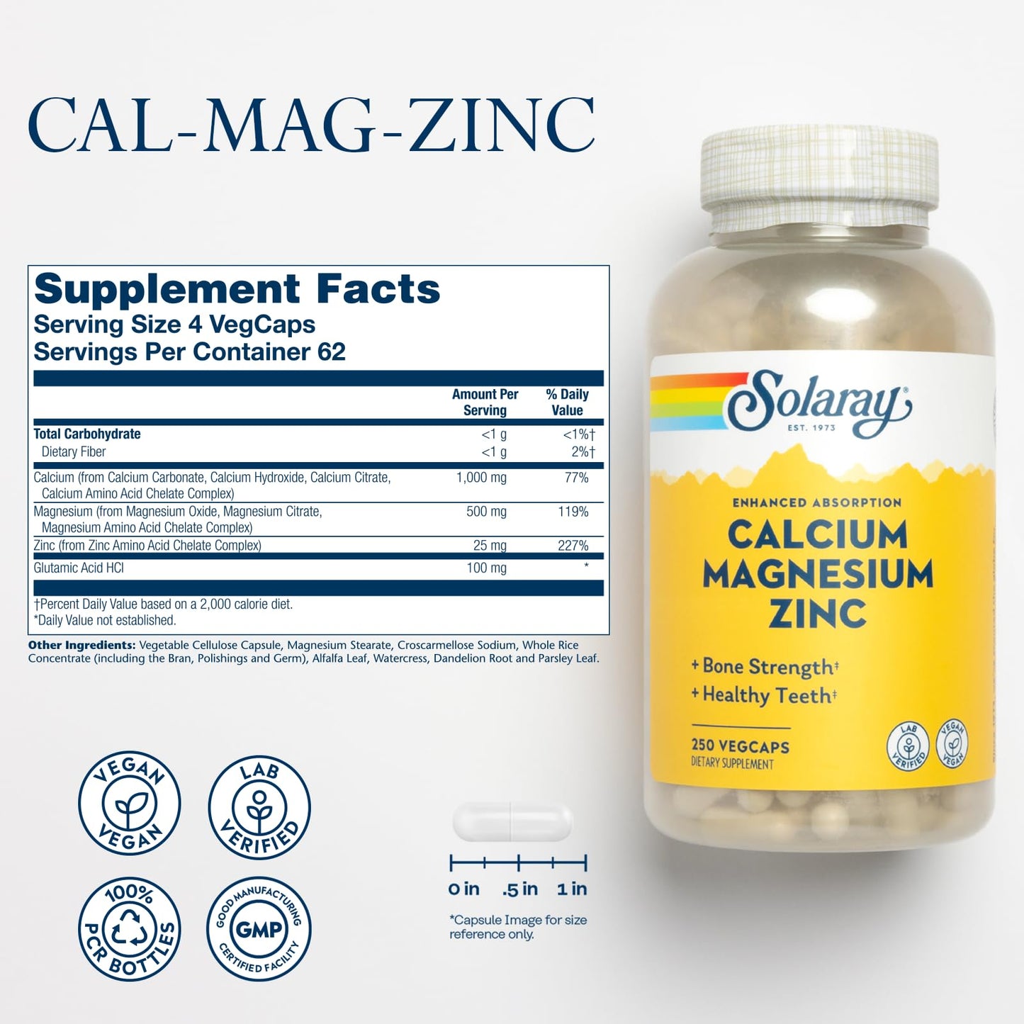 SOLARAY Calcium Magnesium Zinc Supplement - with Calcium 1000mg, Magnesium 500mg - Bone Health, Muscle Function, Heart Health and Immune Support - Vegan, 60 Day Guarantee, 68 Servings, 275 VegCaps