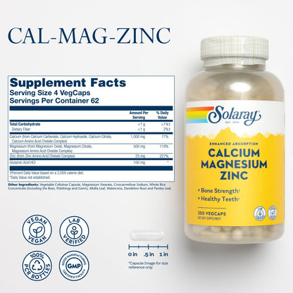 SOLARAY Calcium Magnesium Zinc Supplement - with Calcium 1000mg, Magnesium 500mg - Bone Health, Muscle Function, Heart Health and Immune Support - Vegan, 60 Day Guarantee, 68 Servings, 275 VegCaps