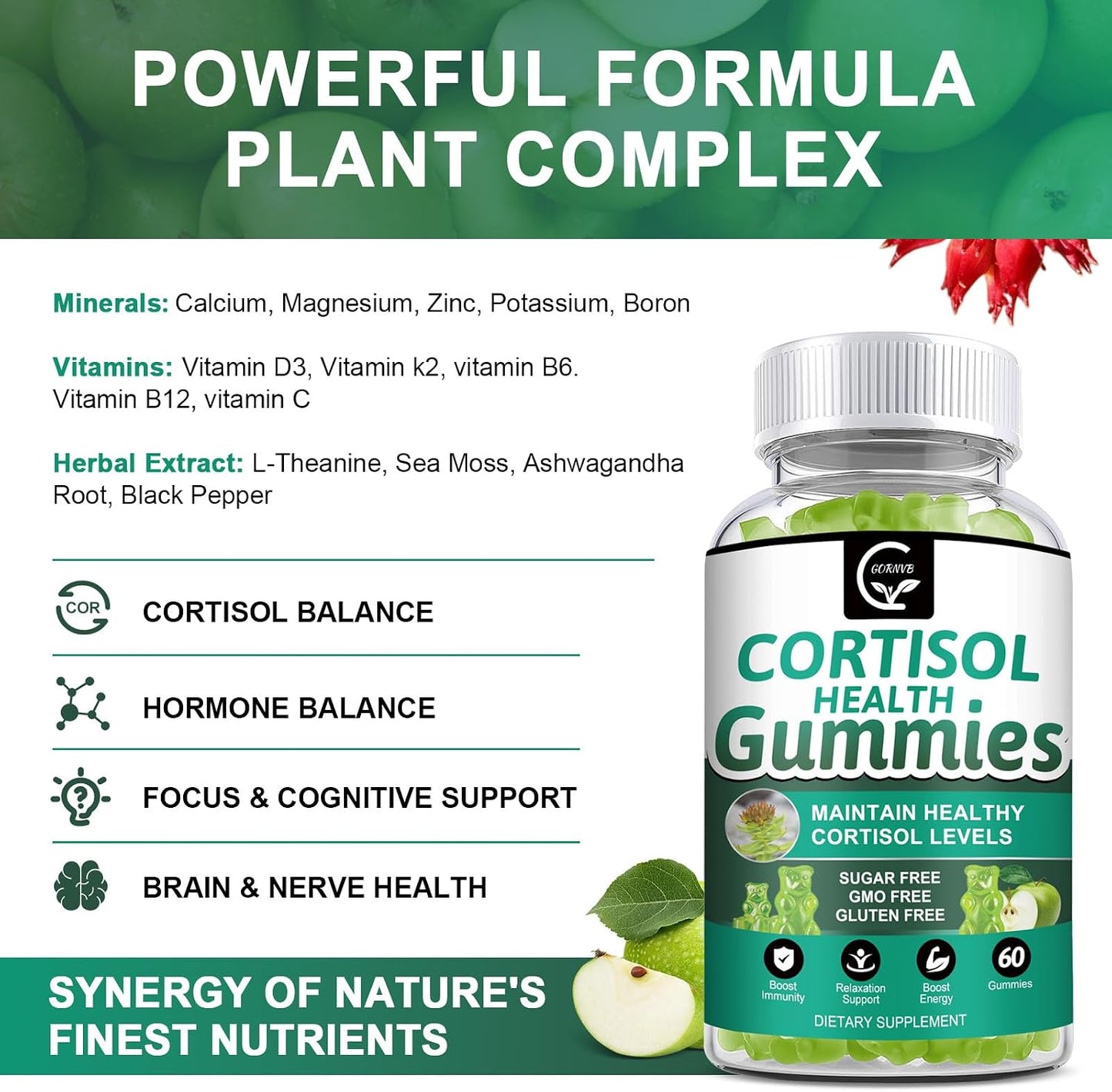 GORNVB Cortisol Gummies, Cortisol Supplement for Women with Magnesium, Ashwagandha, Rhodiola, Phosphatidylserine, L-Theanine, Black Pepper, Vitamin C & B6 - Relaxation, Focus, Sleep Support - 2 Pack
