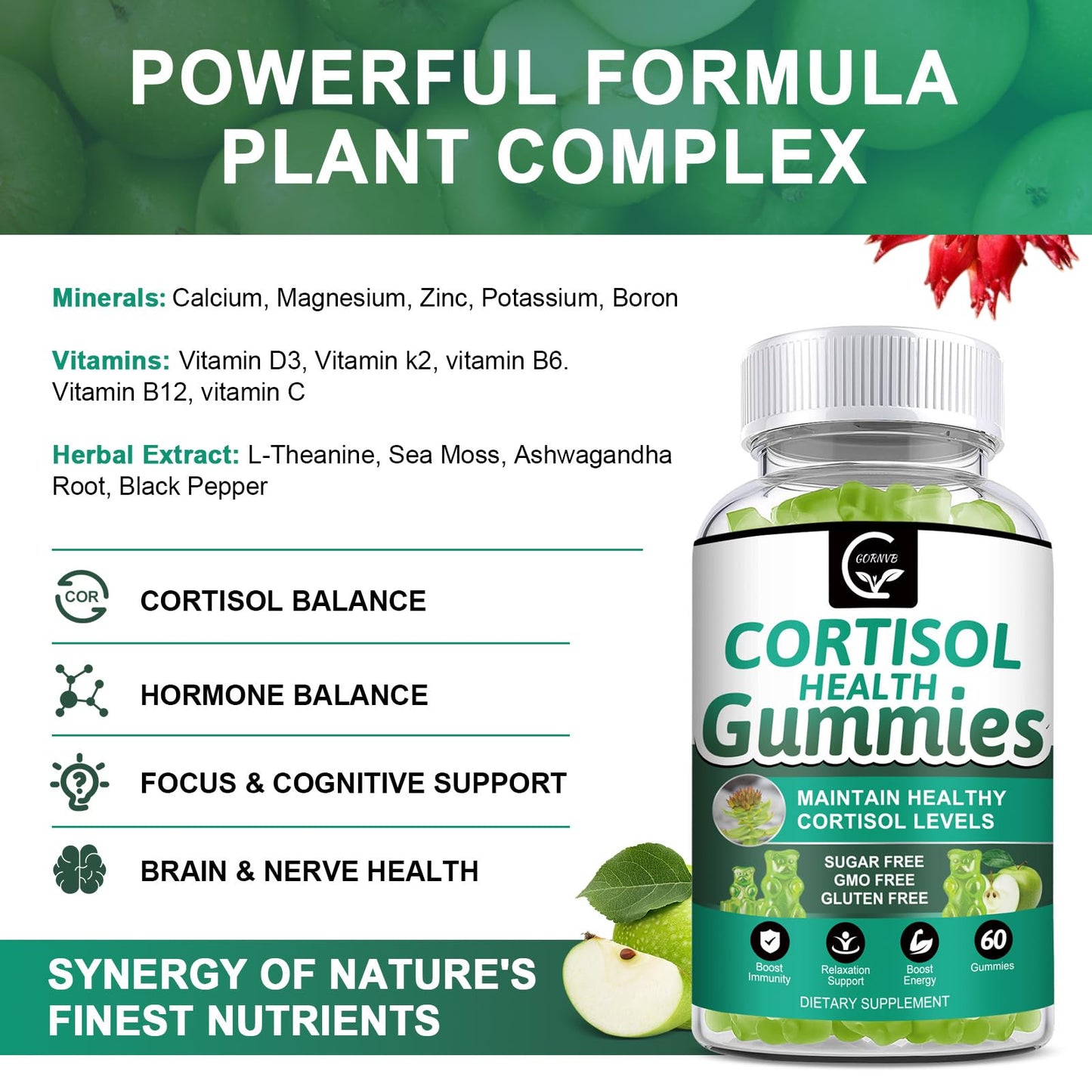 GORNVB Cortisol Gummies, Cortisol Supplement for Women with Magnesium, Ashwagandha, Rhodiola, Phosphatidylserine, L-Theanine, Black Pepper, Vitamin C & B6 - Relaxation, Focus, Sleep Support - 2 Pack