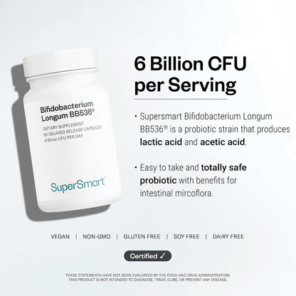 Supersmart Bifidobacterium Longum (BB536) 6 Billion CFU per Day - Probiotics & Prebiotics Supplement | Non-GMO & Gluten Free - 60 DR Capsules | Improves Bowel Disorders - Strengthens the Immune System - Reduces Pollen Allergy Symptoms