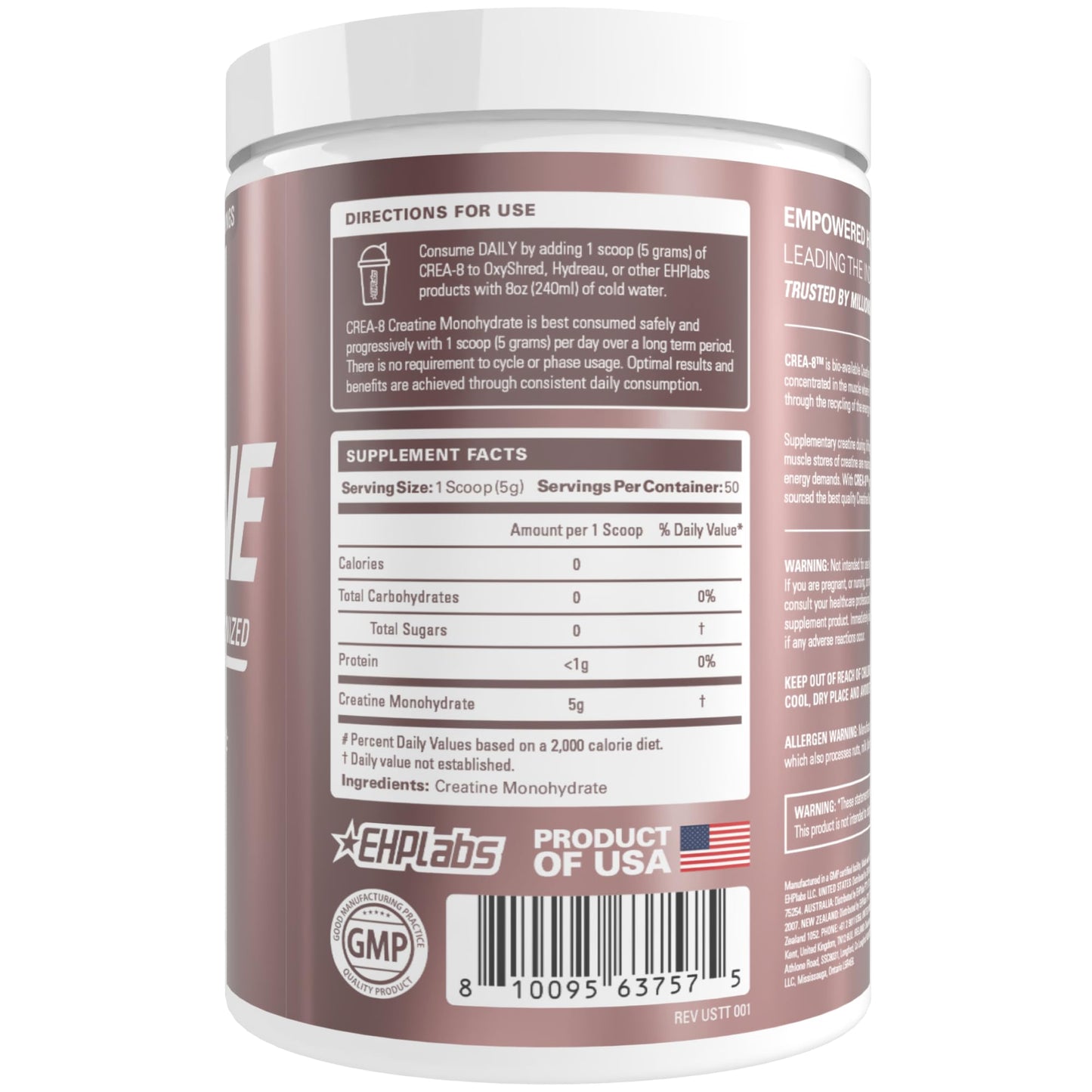 EHP Labs CREA-8 Creatine Monohydrate Powder, Unflavored, 100 Servings | Micronized Creatine For Muscle Growth, Strength & Energy. Mixes Easily, No Clumping. Pre Or Post Workout. 500g