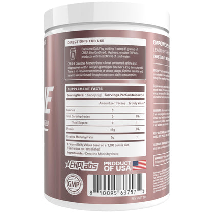 EHP Labs CREA-8 Creatine Monohydrate Powder, Unflavored, 100 Servings | Micronized Creatine For Muscle Growth, Strength & Energy. Mixes Easily, No Clumping. Pre Or Post Workout. 500g