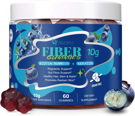 Migcopat 10G Fiber Gummies with Biotin, Collagen Peptides, Keratin, Vitamin C, E - Fiber Supplements with 30 Billion CFU Probiotics, Inulin, ACV for Digestive Health & Skin, Hair & Nails, 60 Cts