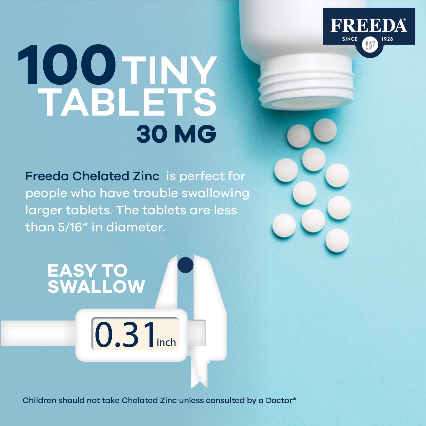Freeda Chelated Zinc 30mg – TRAACS® Zinc Bisglycinate for High Absorption – Vegan, Kosher, Gentle on Stomach – Immune Support for Adults, Men & Women – 100 Tiny Tablets | For Adult Men & Women – High Absorption Formula – Antioxidant Support, Gentle on Sto