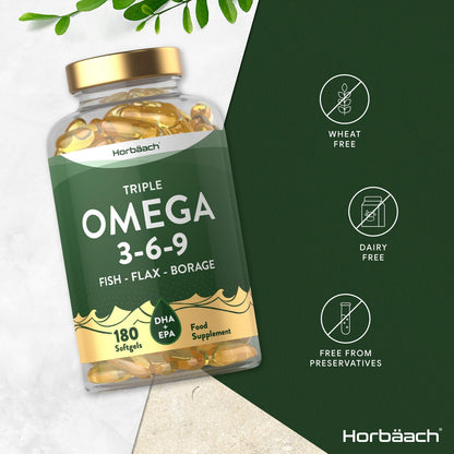 Triple Omega 3 6 9 Capsules | 180 Count | High Strength Supplement with DHA