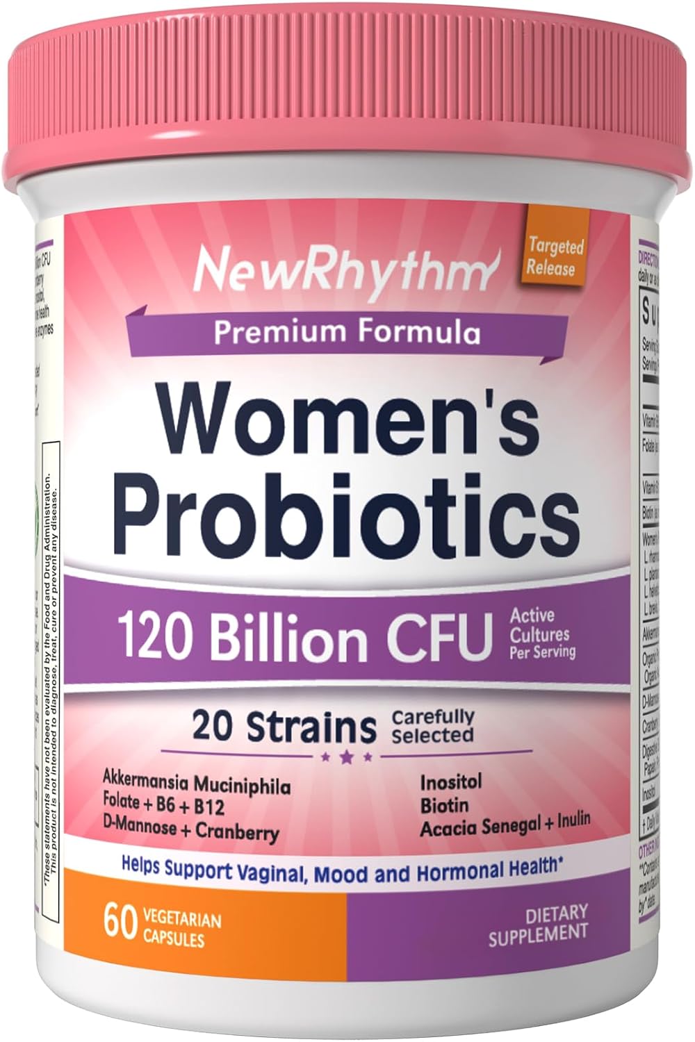 NewRhythm Probiotics for Women, Akkermansia Probiotic, Biotin, Vitamin B6 B12 & Inositol, 120 Billion CFU 20 Strains, Digestive Enzymes, Prebiotics & Vaginal Probiotics for PH Balance, 60 Capsules