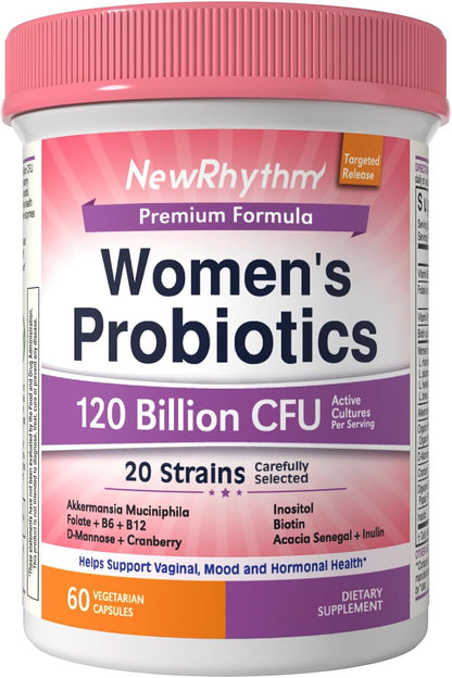 NewRhythm Probiotics for Women, Akkermansia Probiotic, Biotin, Vitamin B6 B12 & Inositol, 120 Billion CFU 20 Strains, Digestive Enzymes, Prebiotics & Vaginal Probiotics for PH Balance, 60 Capsules